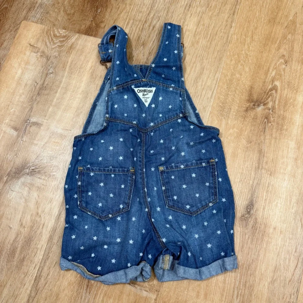 OshKosh B'gosh Toddler 2T Star Print Denim Shortalls Blue Vestbak Overalls